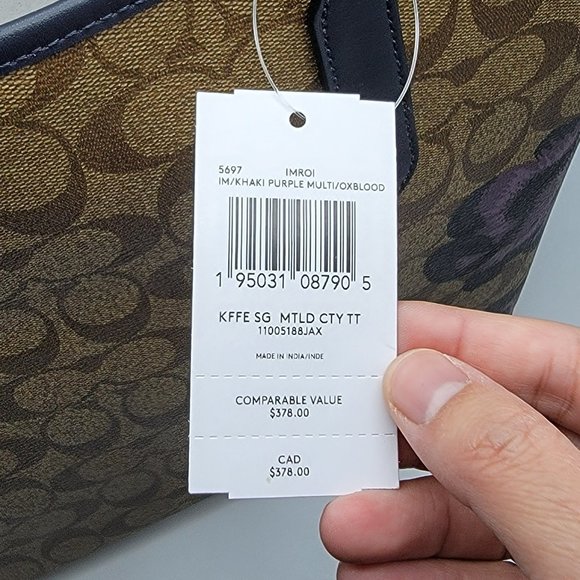 Coach City Tote in Signature Canvas with Kaffe Fassett Print 5697 Khaki Purple - Picture 7 of 8